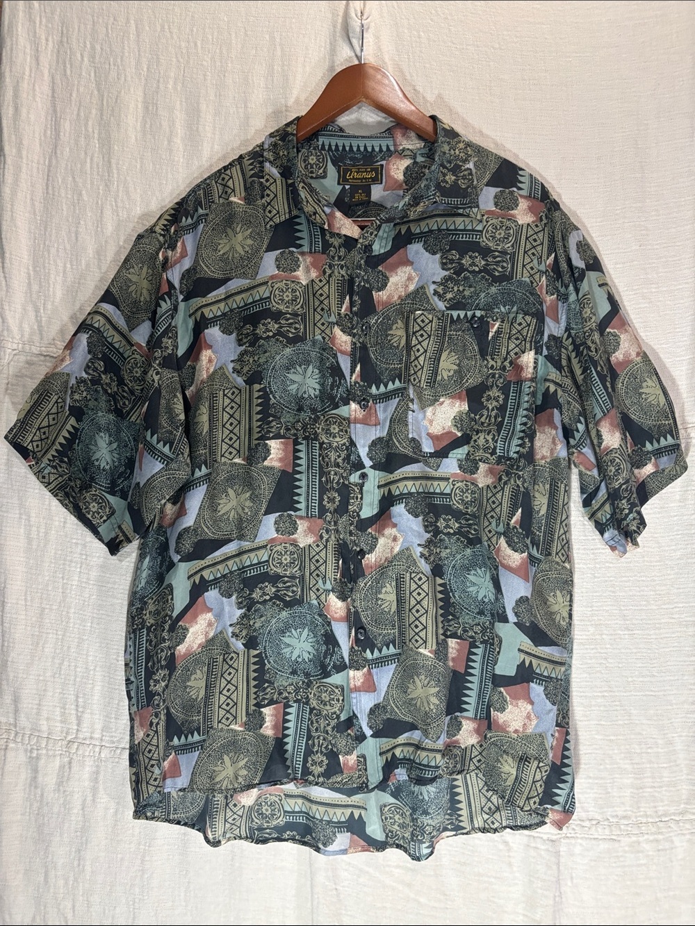 Vintage 90s Uranus 100% Silk Geometric Abstract Button Up Shirt XL EUC - Picture 1 of 6